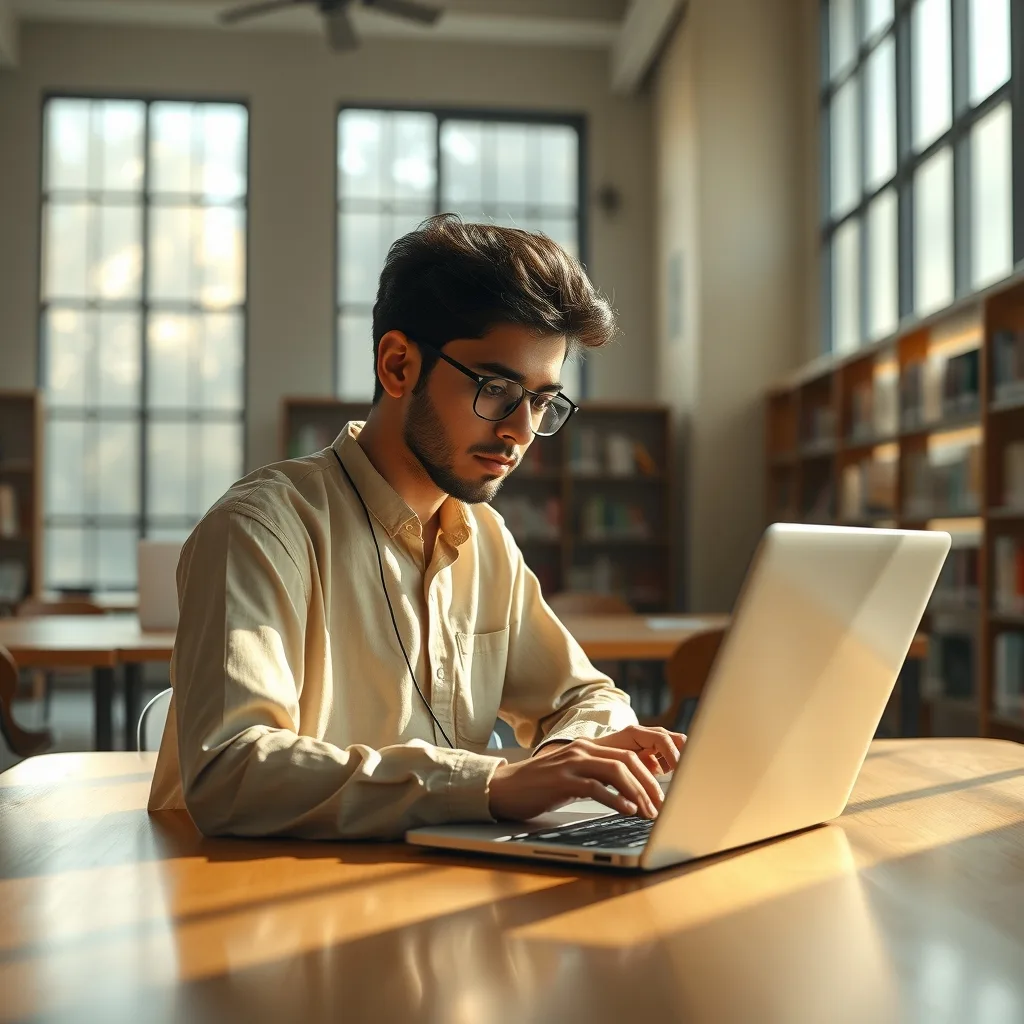 A Pakistani student studying with a laptop in a bright modern campus setting