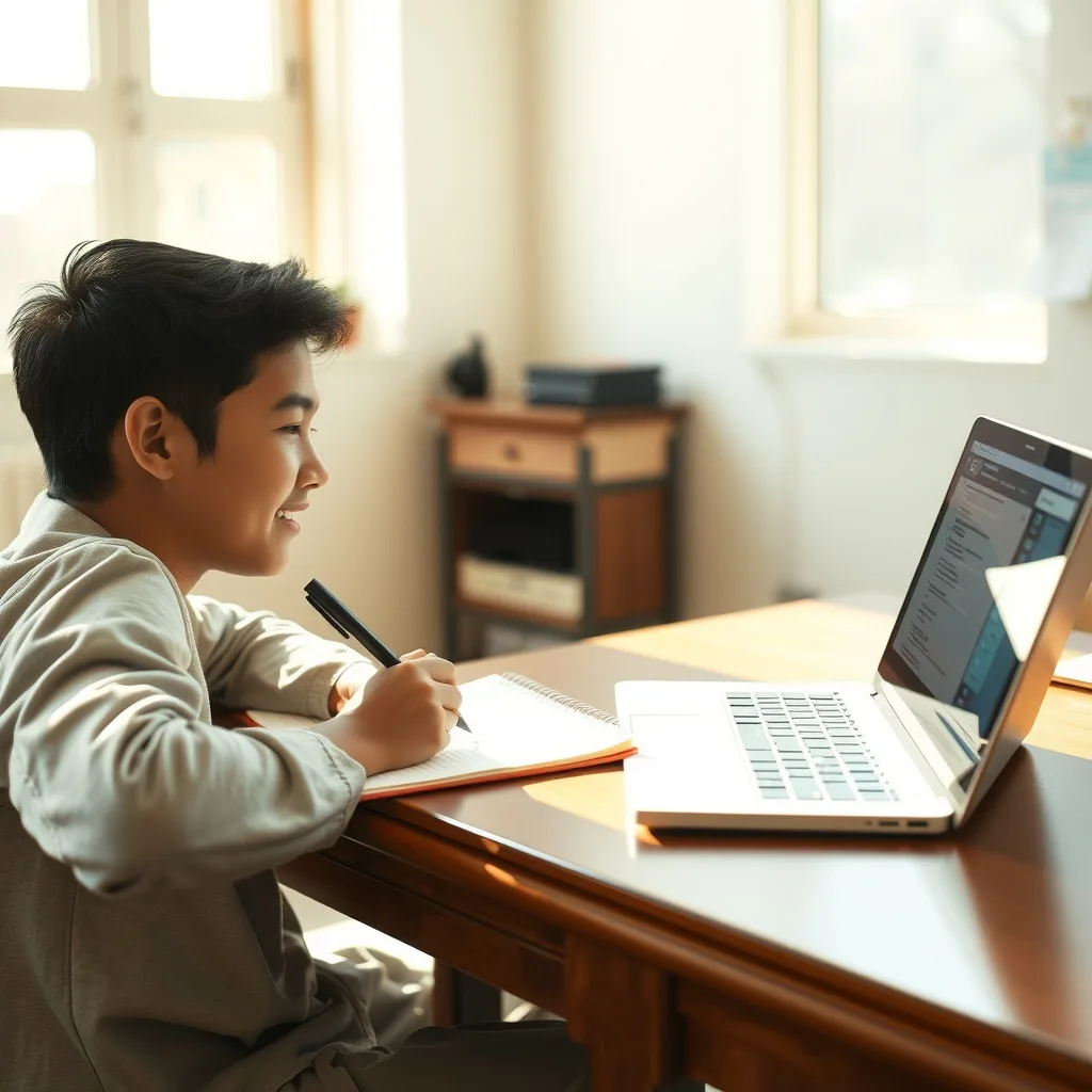 A student using a notebook for study techniques alongside a laptop
