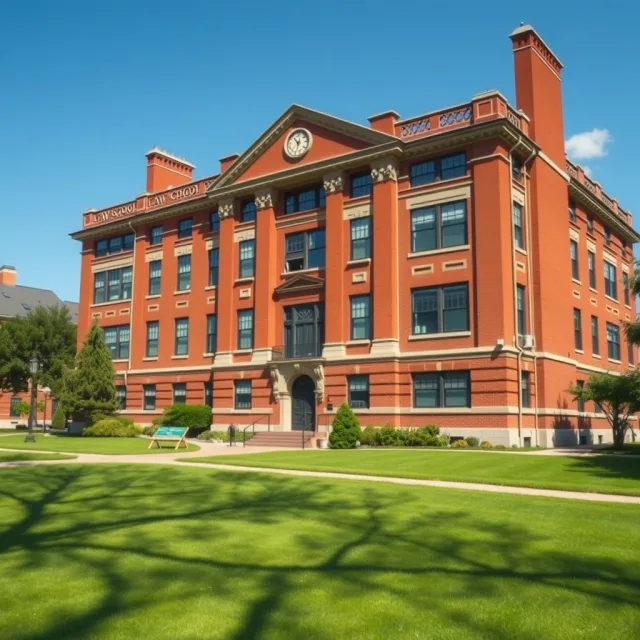 Harvard Law School building exterior with students walking nearby