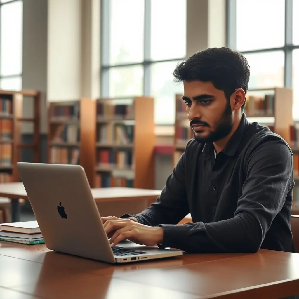Pakistani PhD scholar reviewing research documents in a university library setting