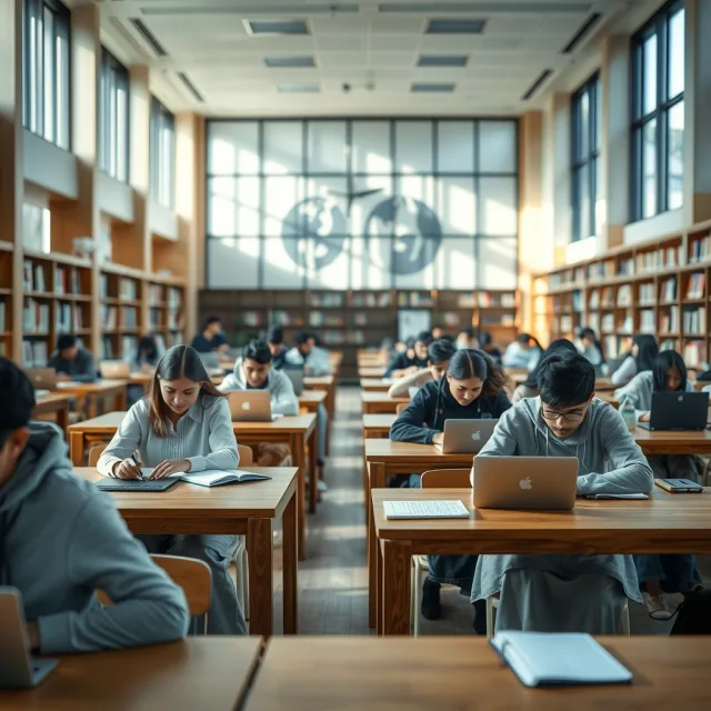 A clean, modern university study environment with students working on laptops.