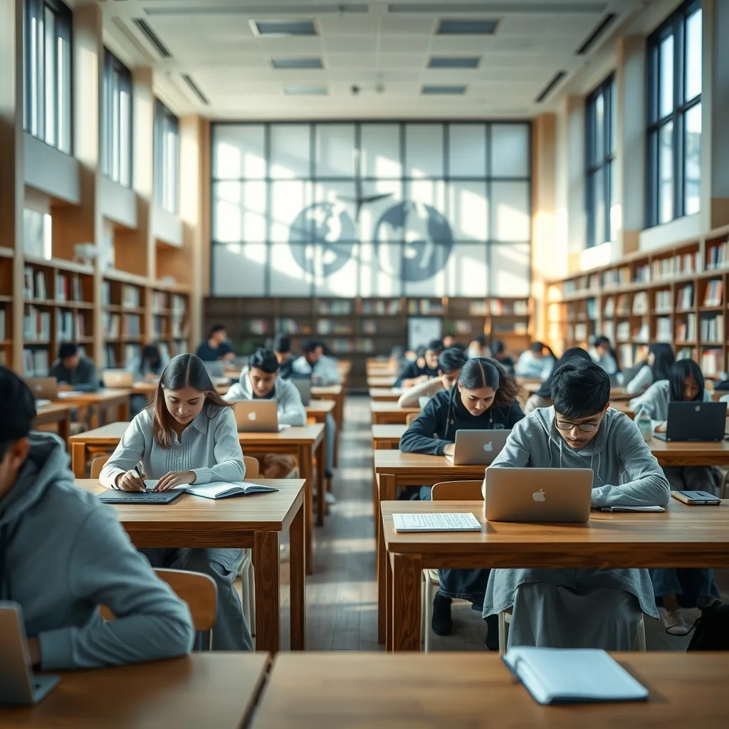 A clean, modern university study environment with students working on laptops.