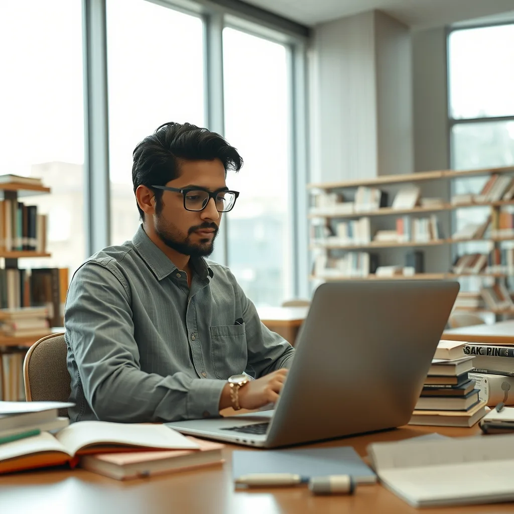 Pakistani PhD researcher working on a laptop at a university desk for HEC IRSIP 2026