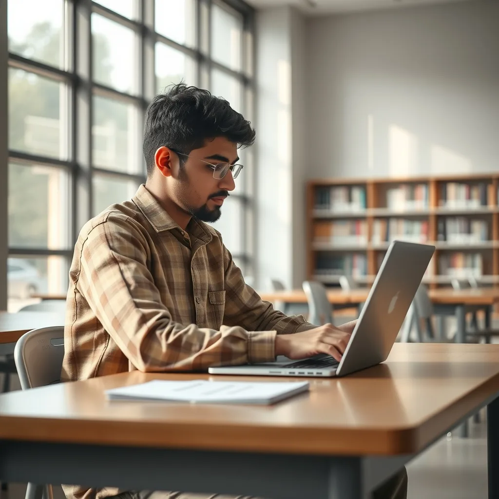 Pakistani student using a laptop to apply for HEC international scholarships