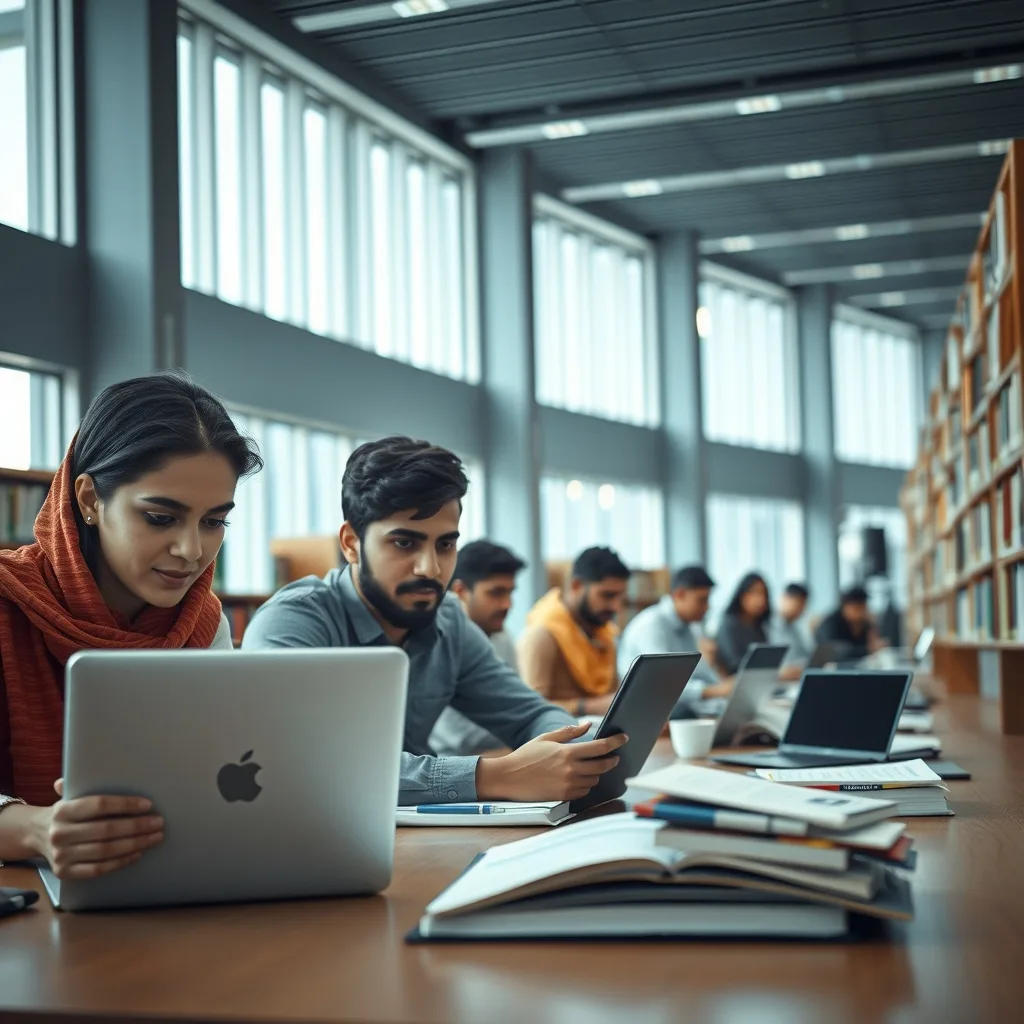 Pakistani students preparing for university exams in a library