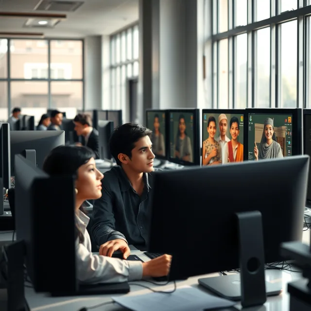 Pakistani students working in a modern university computer lab