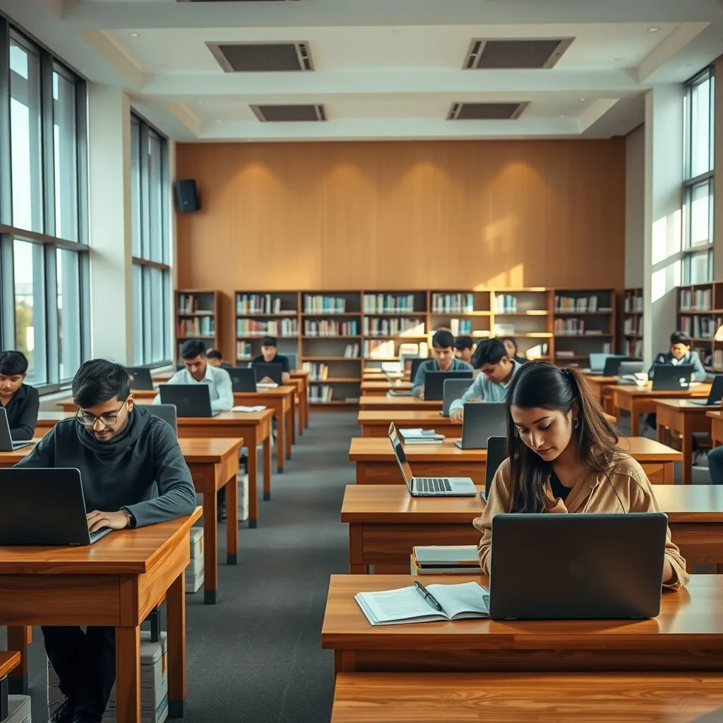 Students studying in a modern university library in Pakistan