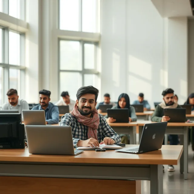 Pakistani students in a modern university setting discussing graduate studies