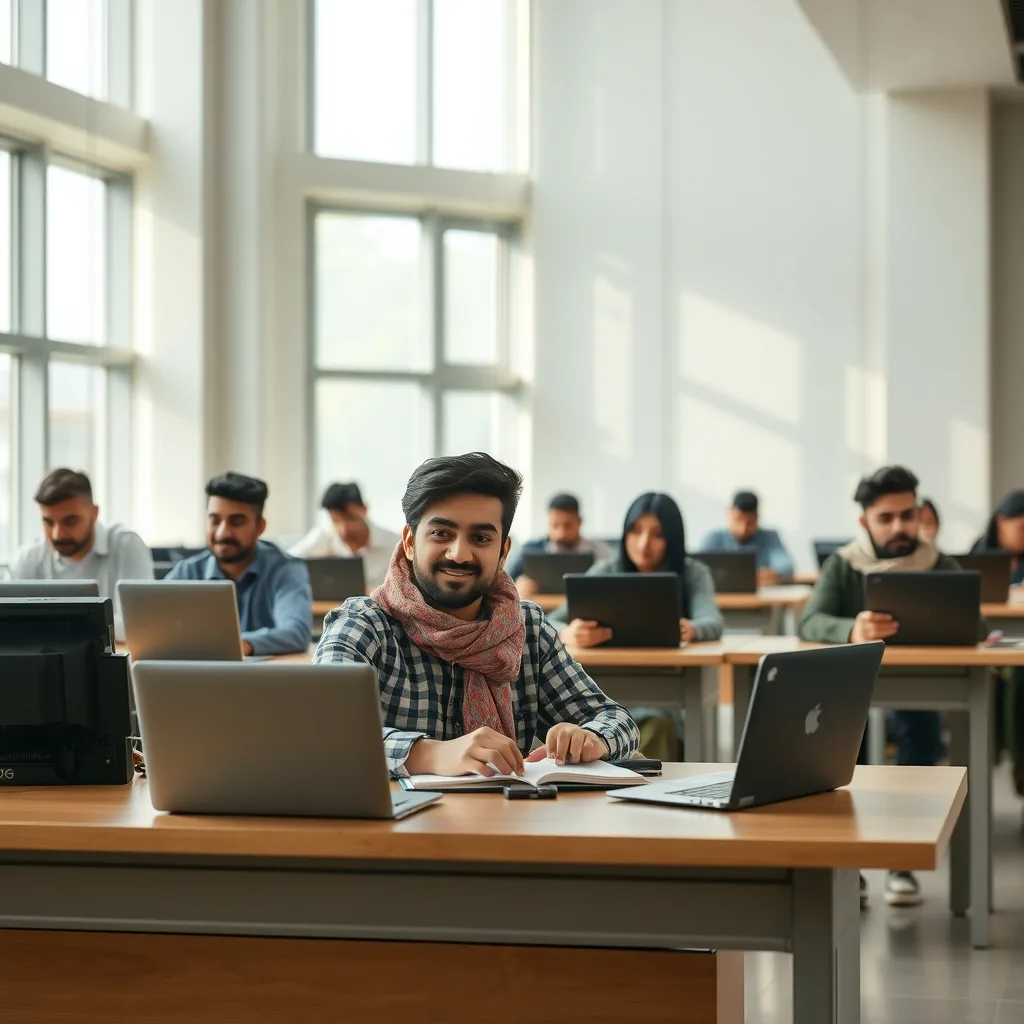 Pakistani students in a modern university setting discussing graduate studies