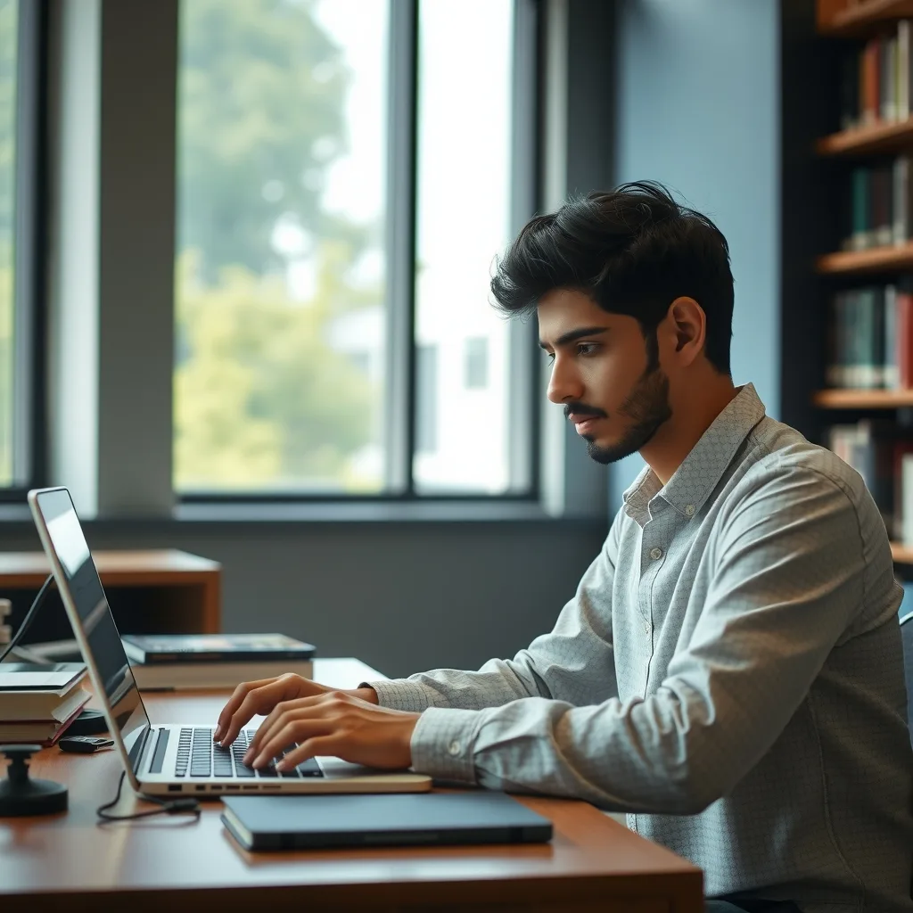 Pakistani student exploring HEC US-Pakistan Knowledge Corridor PhD scholarships on a laptop