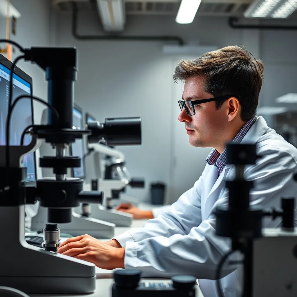 A student working on a physics research project in a laboratory setting.