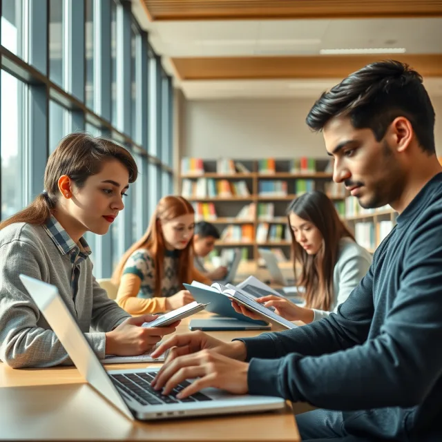 Students sitting in a modern university library reviewing educational technology updates on laptops.