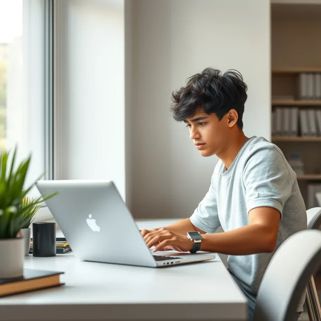 A student using a laptop to apply for the Honjo International Scholarship.