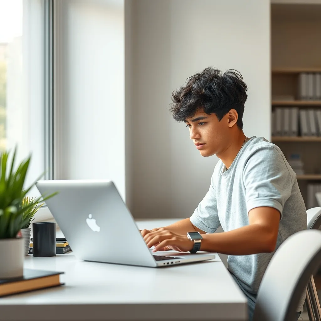 A student using a laptop to apply for the Honjo International Scholarship.
