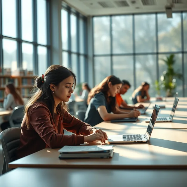 University students working on laptops in a library to research AI and career development