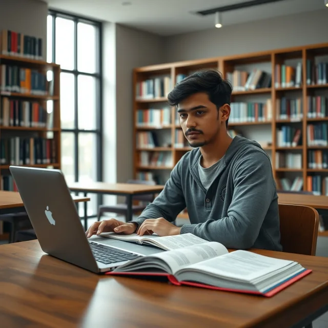 A student using a laptop in a library setting to study