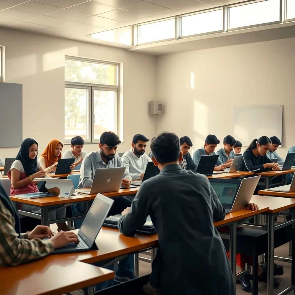 Students using modern technology in a classroom setting in Pakistan