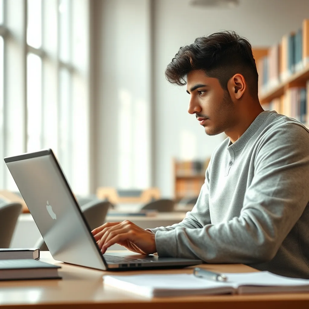 Pakistani student reviewing AI-assisted writing on a laptop in a university library.