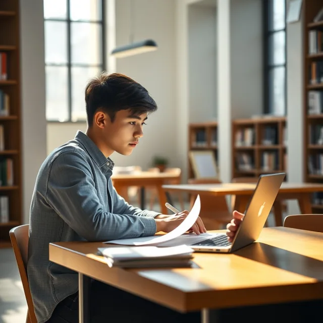 A student using a laptop to apply for an international scholarship online