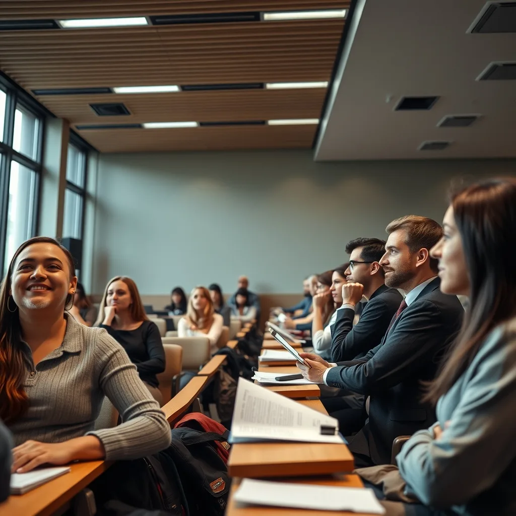 Students and faculty in a modern business school lecture hall discussing case studies