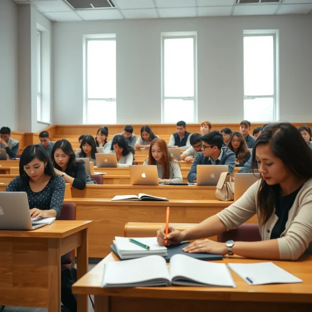 Students studying inside a modern university classroom with laptops and textbooks.