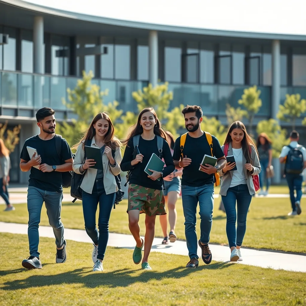 Diverse university students walking on a modern campus with books