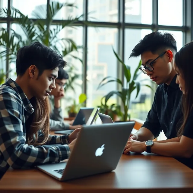 Students reviewing international degree options on a laptop in a modern study hall