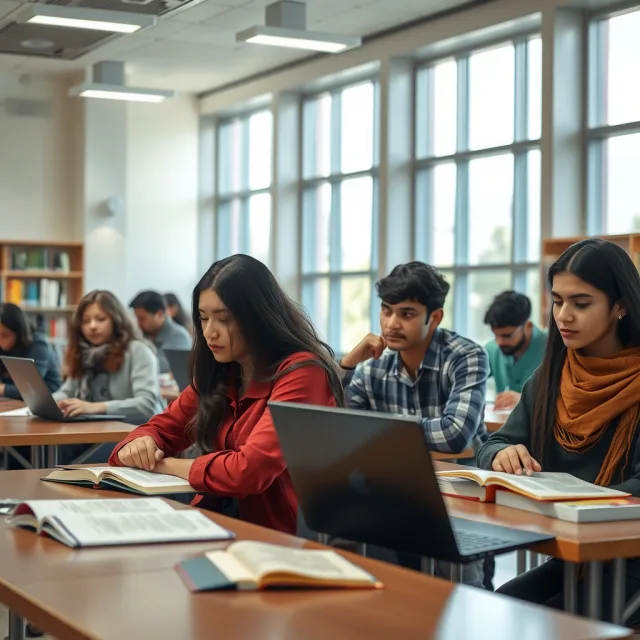 Pakistani students in a university library focusing on their studies and academic integrity.