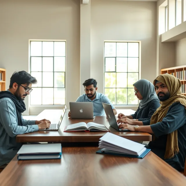 Pakistani students studying with laptops and books in a modern university library
