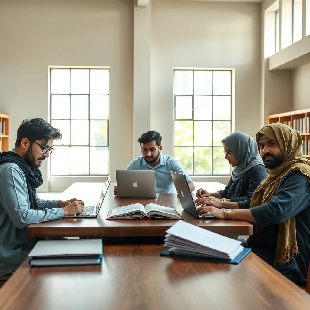Pakistani students studying with laptops and books in a modern university library