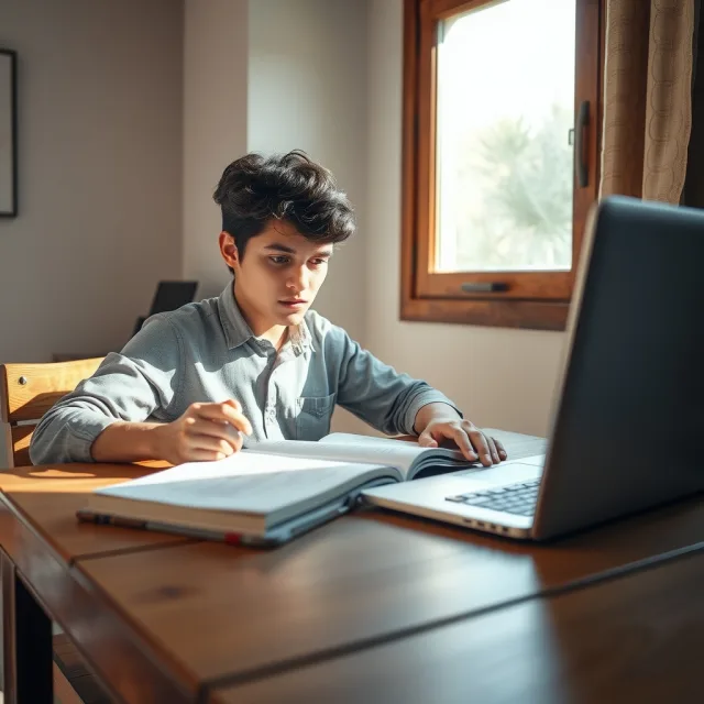 A student using a laptop and books while studying, representing the debate on AI impact on students.