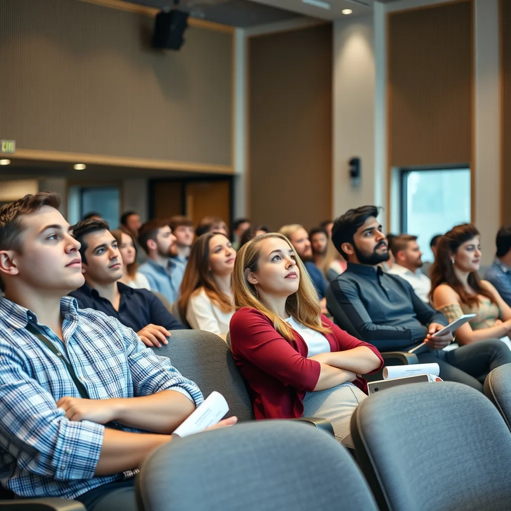 University students attending a business lecture in a modern classroom setting.