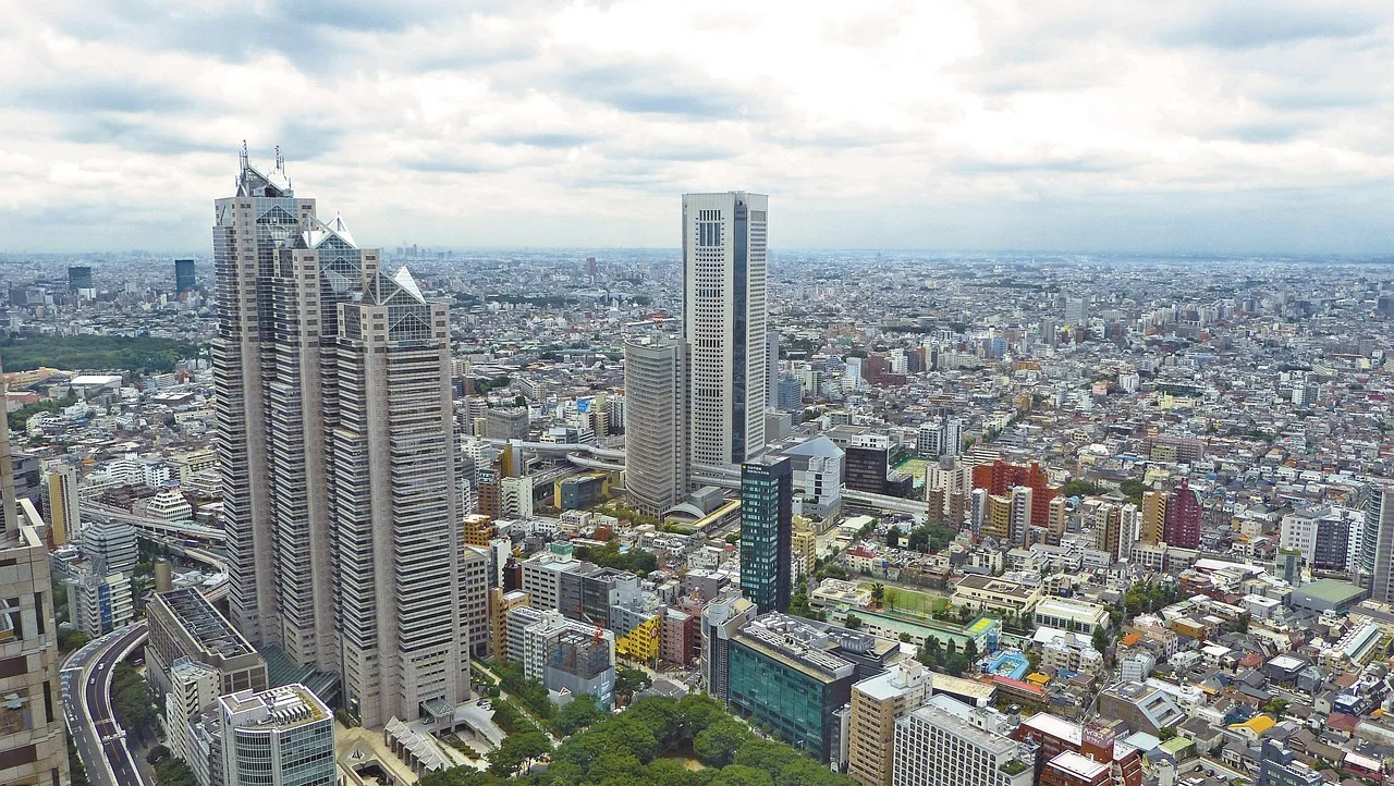 A modern business district in Tokyo representing international career opportunities.