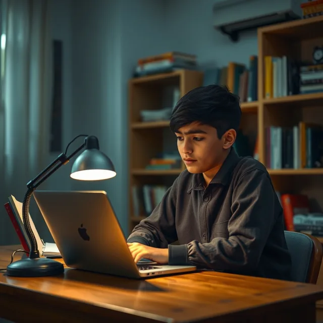 A Pakistani student studying on a laptop during a power outage