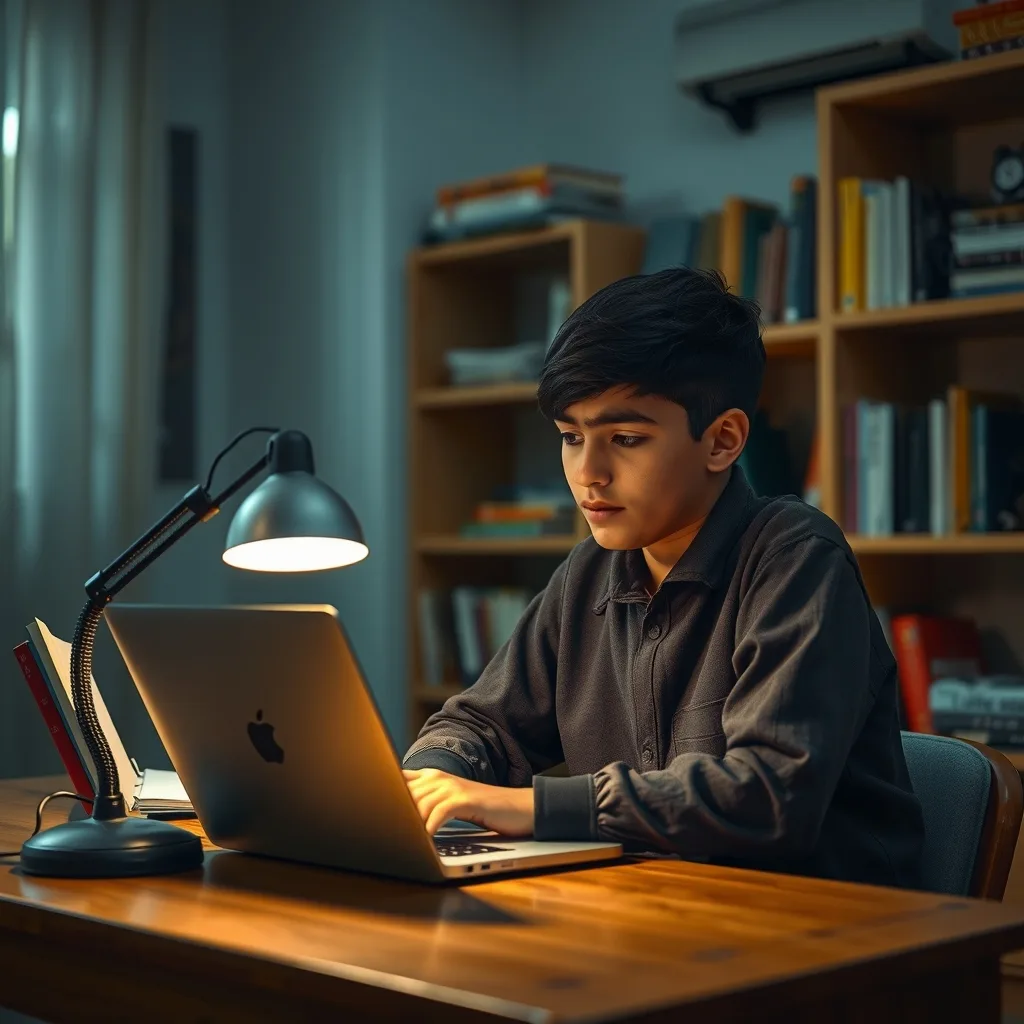 A Pakistani student studying on a laptop during a power outage