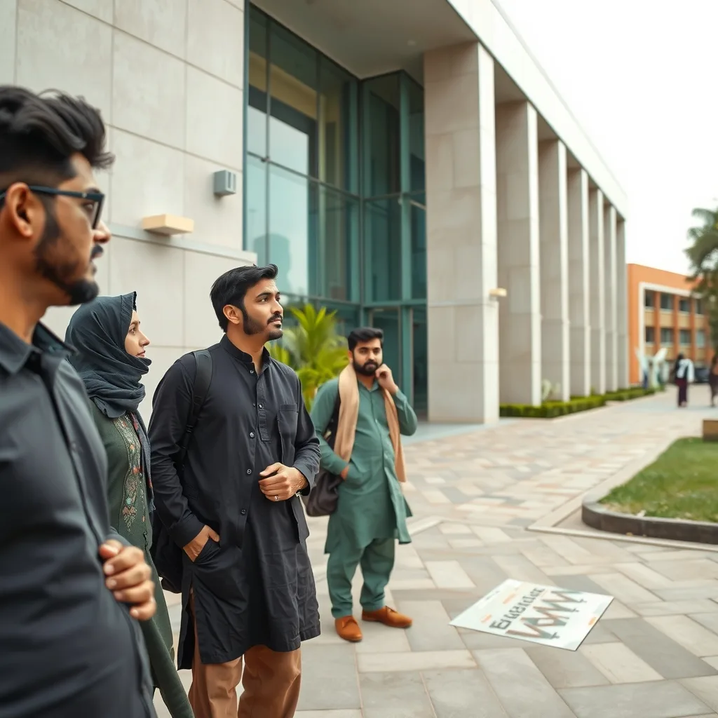 Pakistani students gathered on a university campus discussing education policies