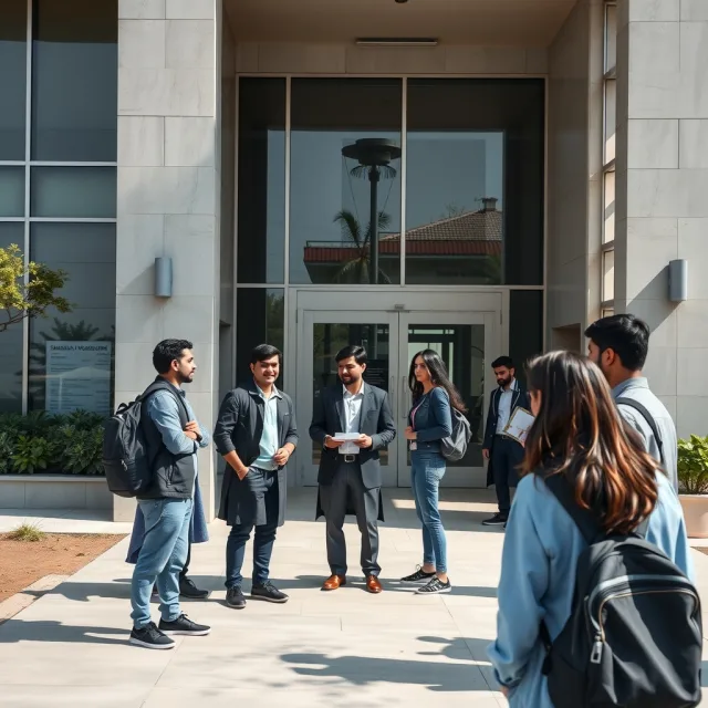 Students outside a Pakistani educational institution building discussing entry test results