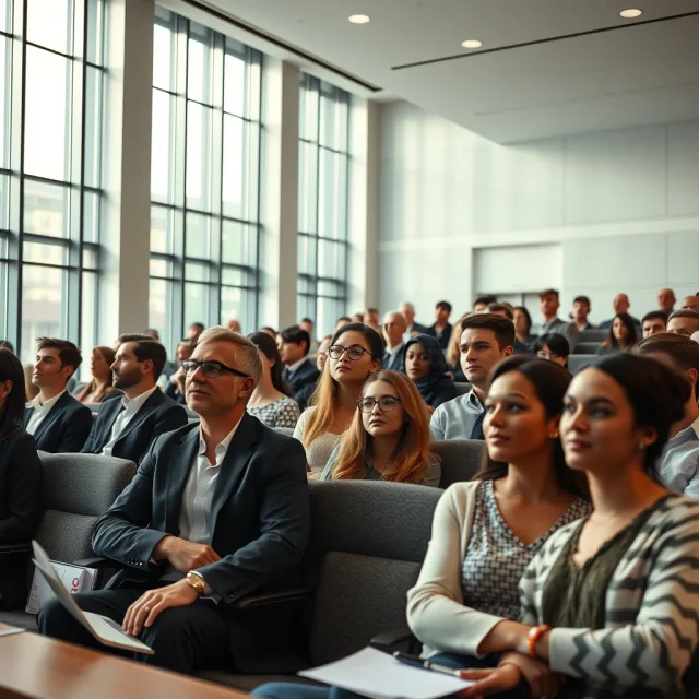 Students attending a modern executive business lecture hall representing global education standards.