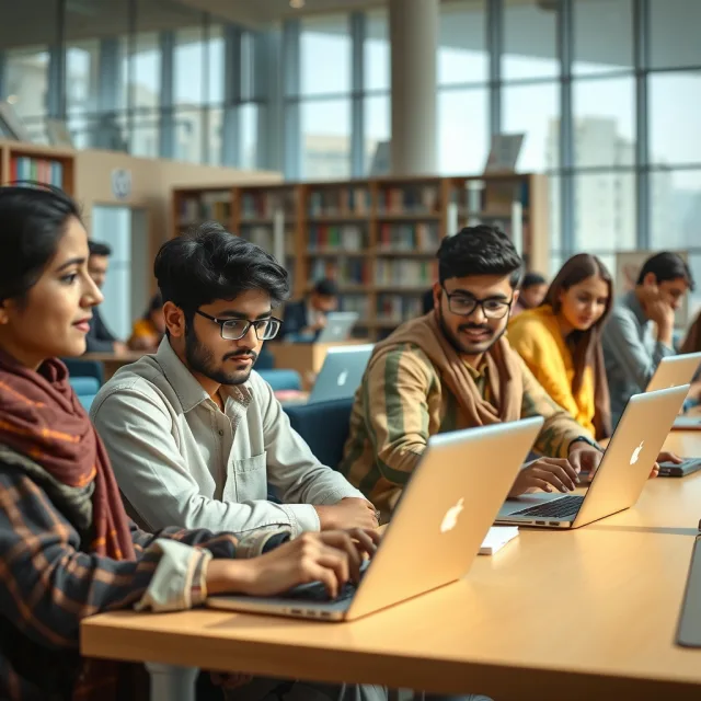 Pakistani university students learning how to work with AI tools on laptops