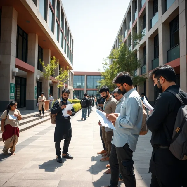 Students outside a university building in Pakistan reviewing academic notices