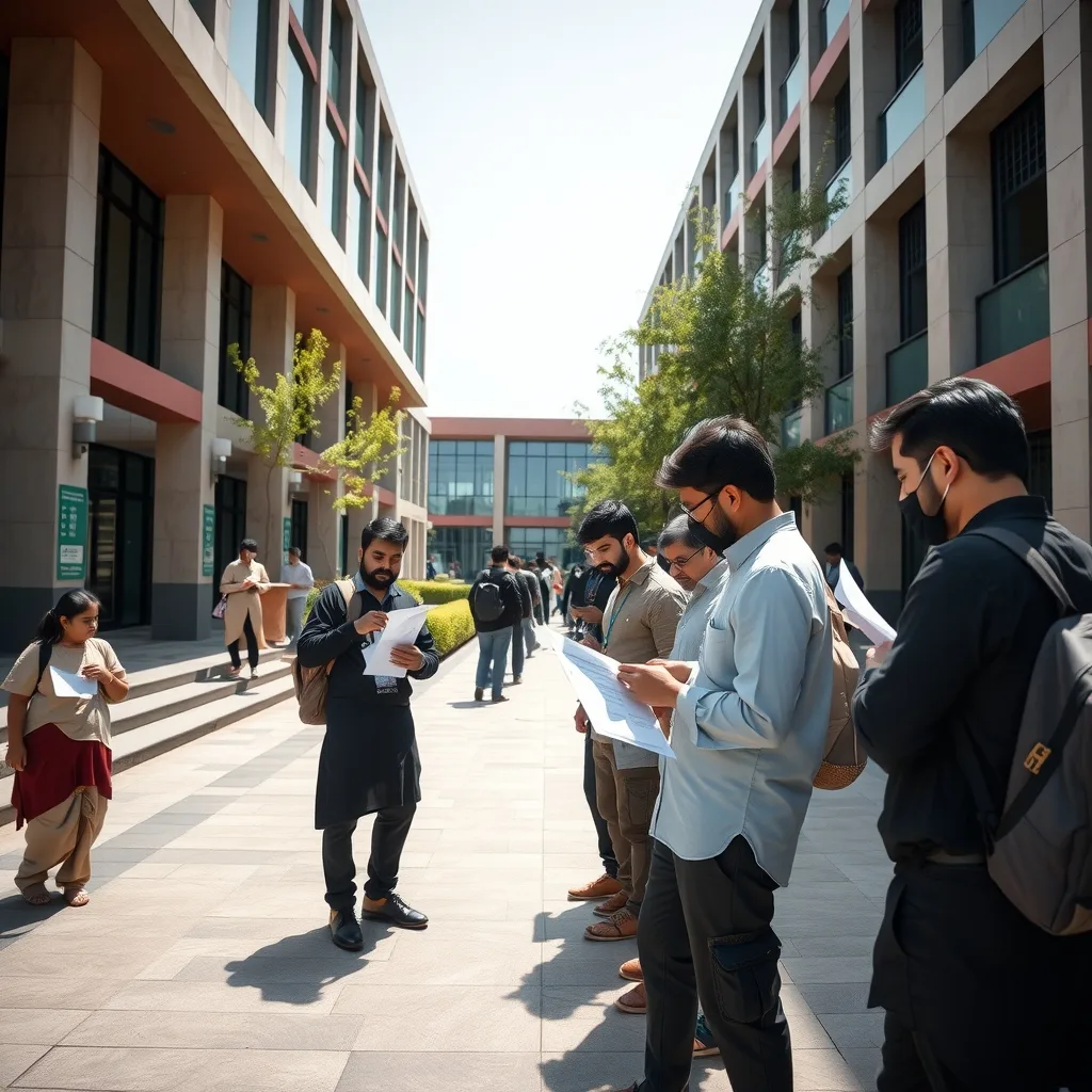 Students outside a university building in Pakistan reviewing academic notices
