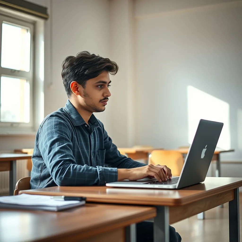A student checking examination results on a laptop in a bright, modern indoor setting.
