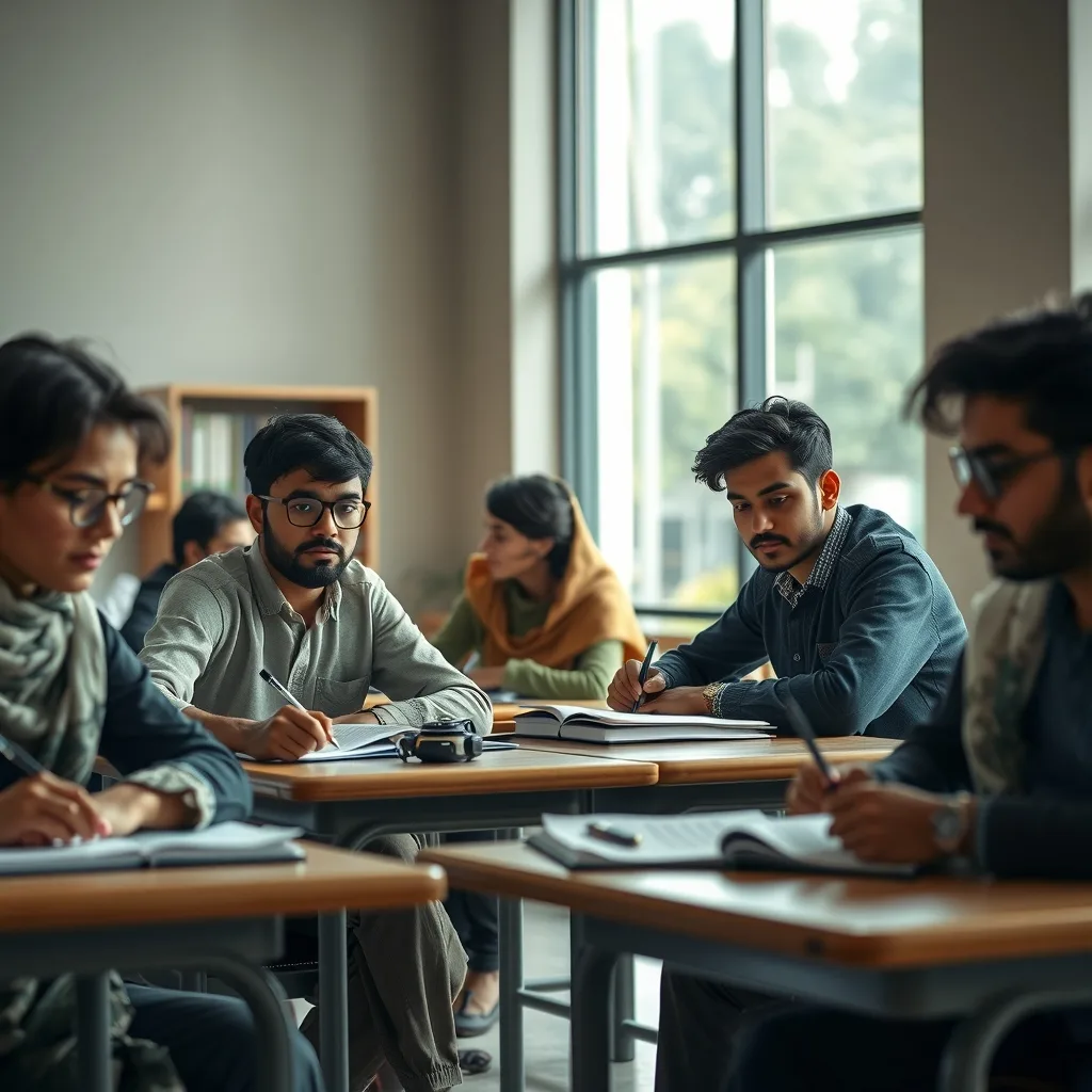 A group of Pakistani students studying in a library environment.