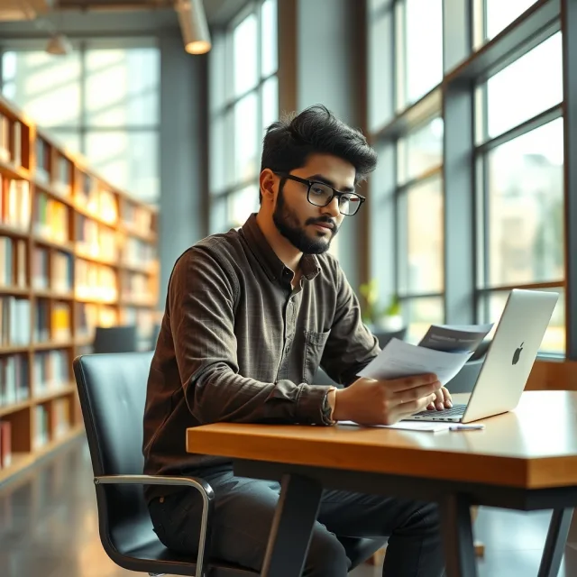 Pakistani student reviewing educational documents on a laptop in a university setting