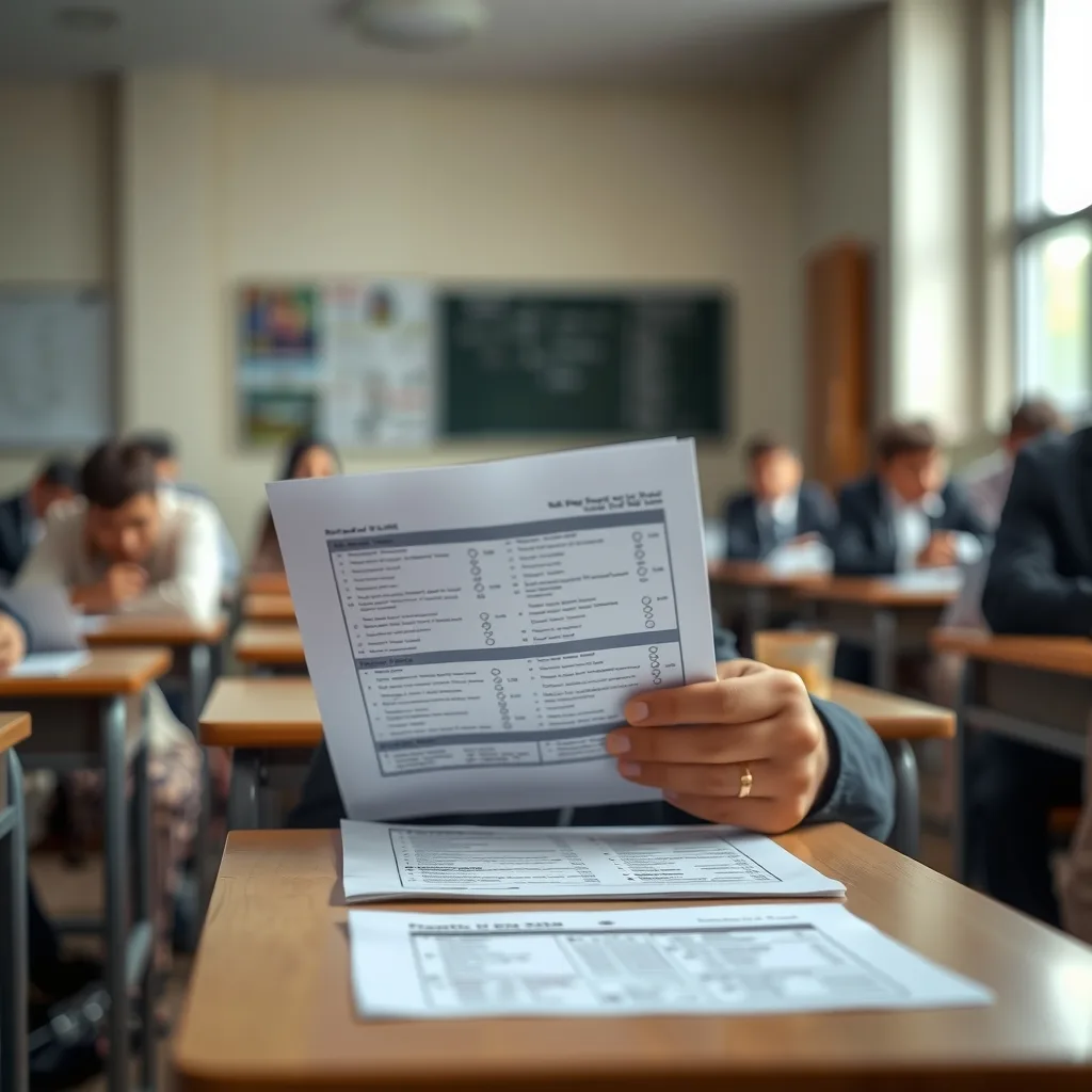 A student in a classroom setting looking at an examination paper after the MDCAT.