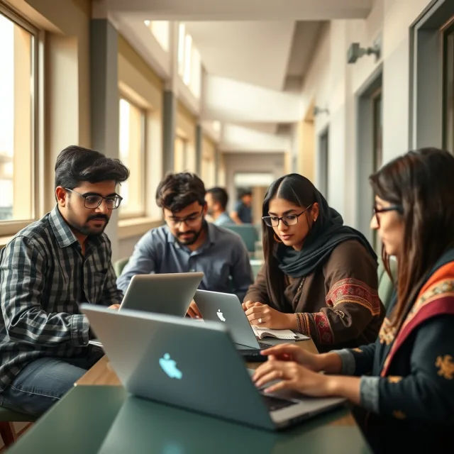 Pakistani university students working together in a modern campus environment
