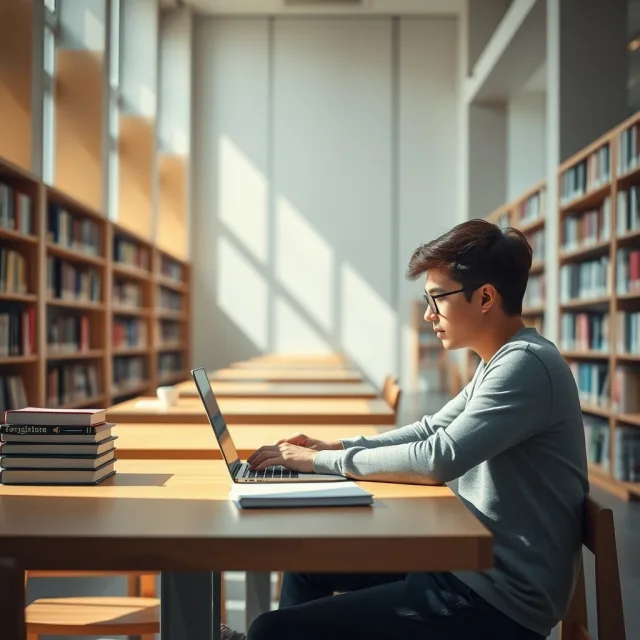 Pakistani student researching at a modern university library for MBZUAI scholarship