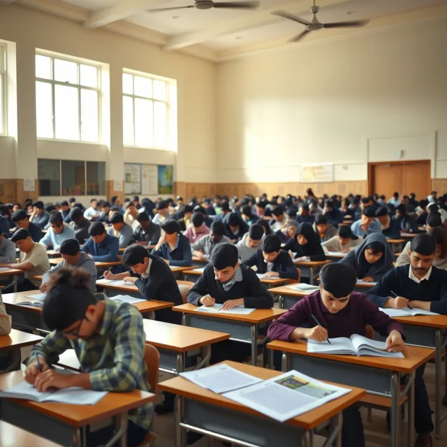 Pakistani students sitting for a medical entry test in an exam hall.