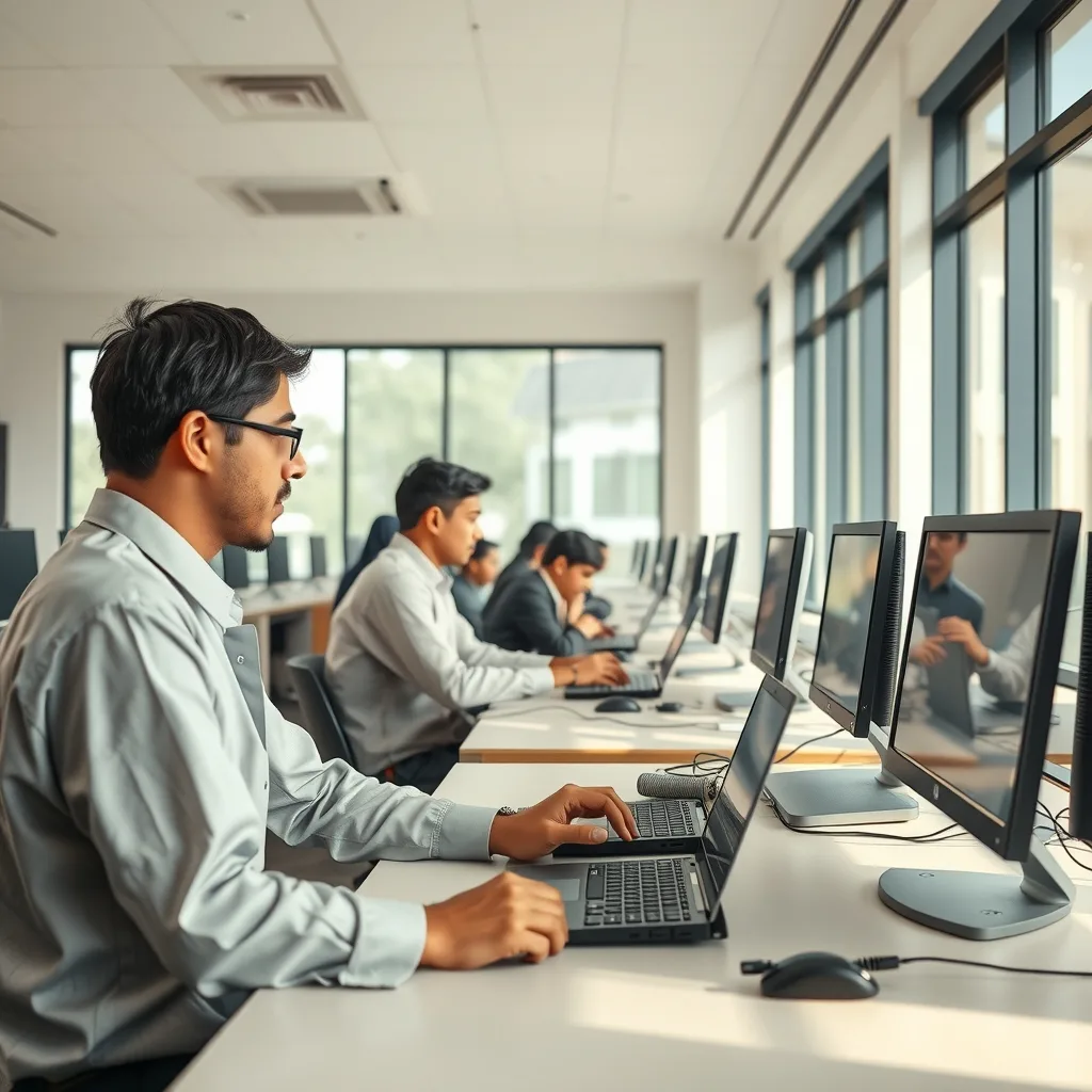 Students working on computers in a modern university lab setting