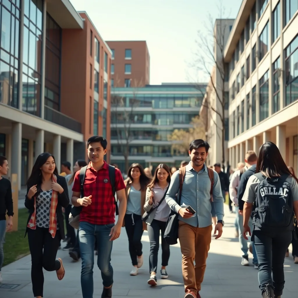 Students walking on a modern university campus with academic buildings in the background